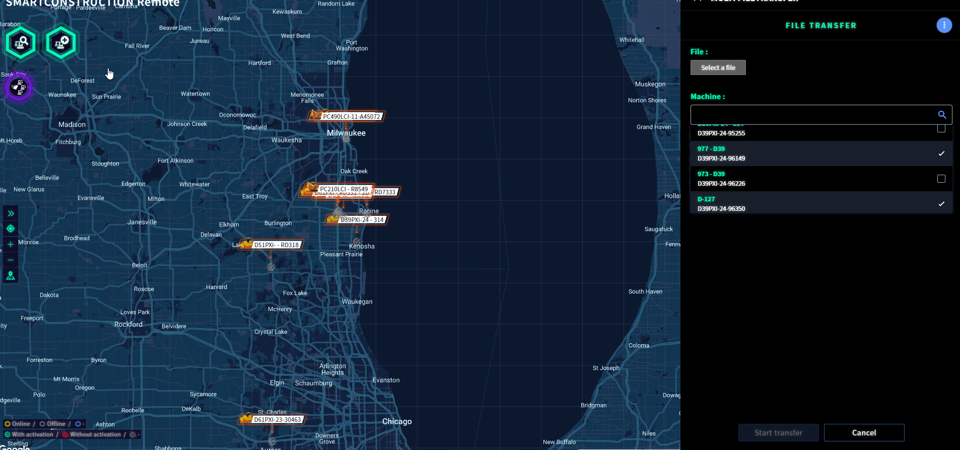 Zoom in to see a specific site or machine